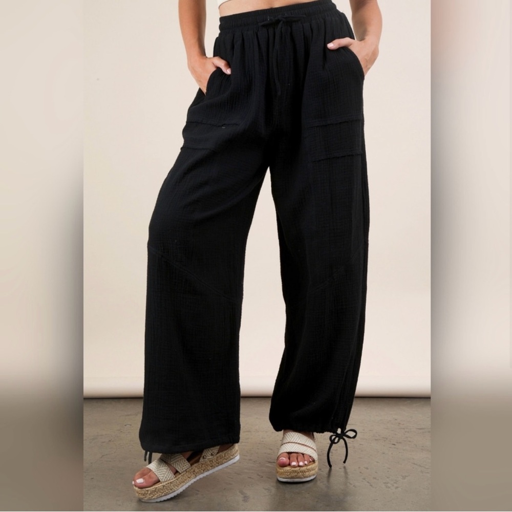 NWT Cotton Gauze Black Drawstring Wide Leg with Ankle Drawstring size S